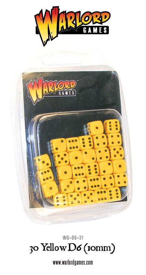 30 Yellow D6 10mm Warlord Games - 30 żółtych kostek D6 z czarnymi oczkami w przezroczystym opakowaniu blistrowym - czarna etykieta Warlord Games na górze - kod produktu WG-D6-31 - www.warlordgames.com