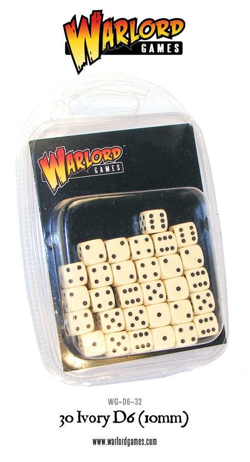 30 Ivory D6 10mm Warlord Games - 30 kremowych kostek D6 z czarnymi oczkami w przezroczystym opakowaniu blistrowym - czarna etykieta Warlord Games na górze - kod produktu WG-D6-32 - www.warlordgames.com