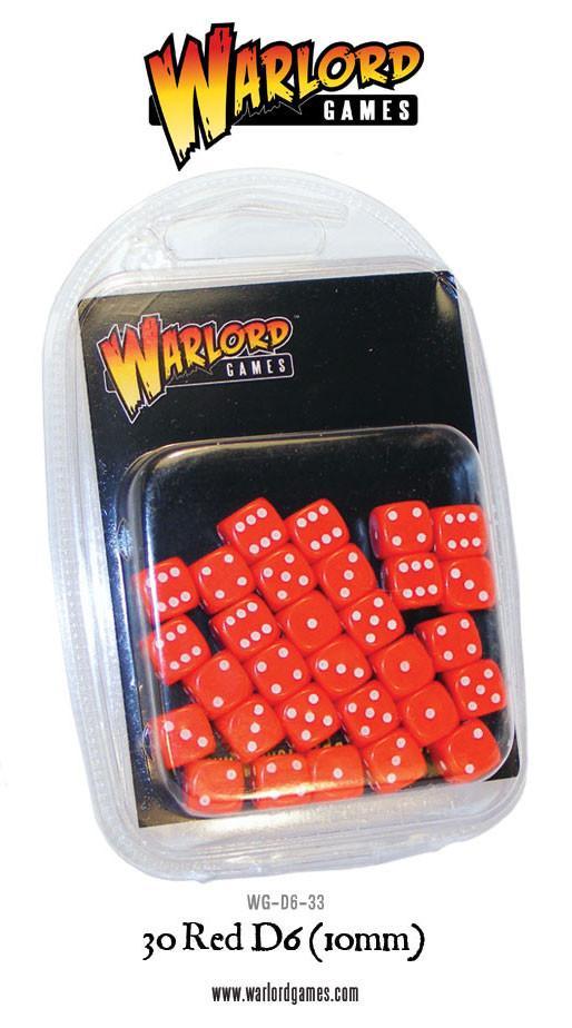 30 Red D6 10mm Warlord Games - 30 czerwonych kostek D6 z białymi oczkami w przezroczystym opakowaniu blistrowym - czarna etykieta Warlord Games na górze - kod produktu WG-D6-33 - www.warlordgames.com