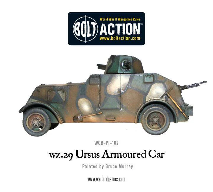 wz.29 Ursus – widok z lewej strony, profil pojazdu, koła i kadłub, model 28mm Bolt Action Warlord Games