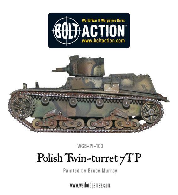 7TP Dwuwieżowy – widok z lewej strony, profil czołgu, gąsienice i kadłub, model 28mm Bolt Action WGB-PI-103