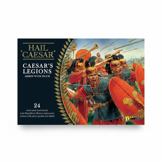 Pudełko zestawu Caesar's Legions Armed with Pilum WGH-CR-02 – Hail Caesar, ilustracja legionistów Cezariańskich w czerwonych płaszczach z pilum i tarczami scutum, 24 wielopozycyjne plastikowe figurki, Warlord Games