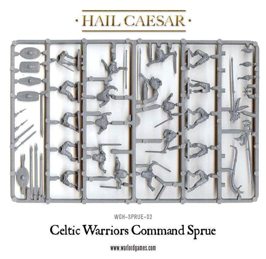 Celtic Warriors Command Sprue WGH-SPRUE-02 – szara plastikowa ramka dowództwa z elementami: wódz z mieczem, druid, chorąży z carnyx, tarcze, włócznie i miecze, 28mm Hail Caesar Warlord Games
