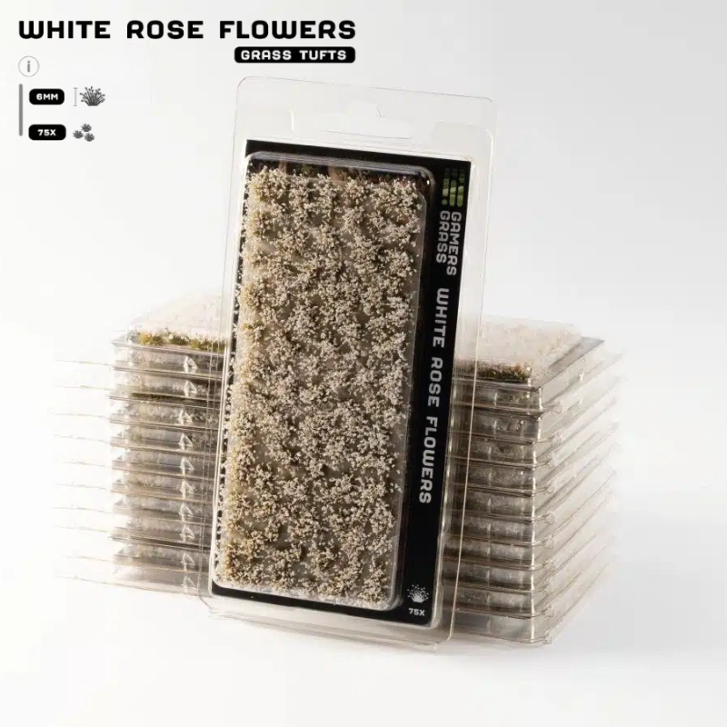 White Rose Flowers 6mm Gamers Grass - opakowanie blister ze stosem produktów, widok z przodu z arkuszem 75 śnieżnobiałych kępek dzikiej róży i oznaczeniem 6mm 75x
