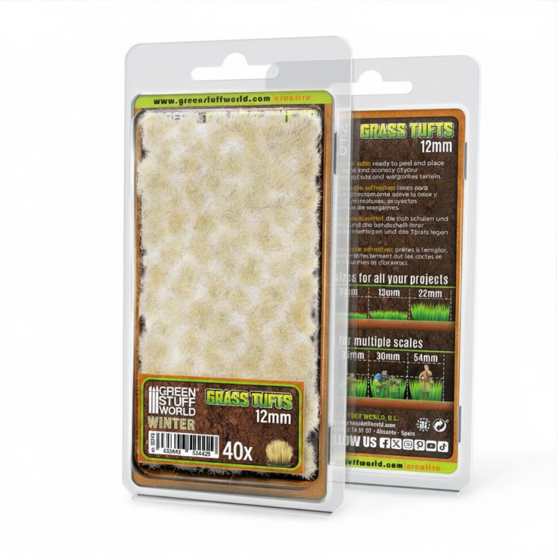Grass Tufts 12mm Winter Green Stuff World - kępki zimowej trawy na okrągłej podstawce z kamieniami i pniakami, porównanie rozmiarów 2mm 6mm 12mm, 40 sztuk w opakowaniu
