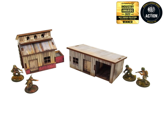 Normandy Small Sheds w. Dovecote – gołębnik z falistym dachem i szopa garażowa z otwartymi drzwiami, żołnierze WWII dla skali, 28mm Bolt Action