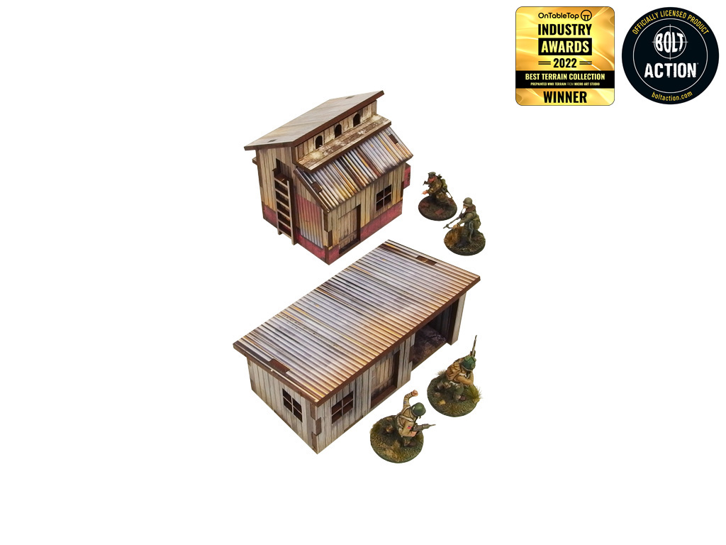 Normandy Small Sheds w. Dovecote – gołębnik z drabiną i szopa z otwartym wejściem, widok z góry z żołnierzami WWII, 28mm Bolt Action