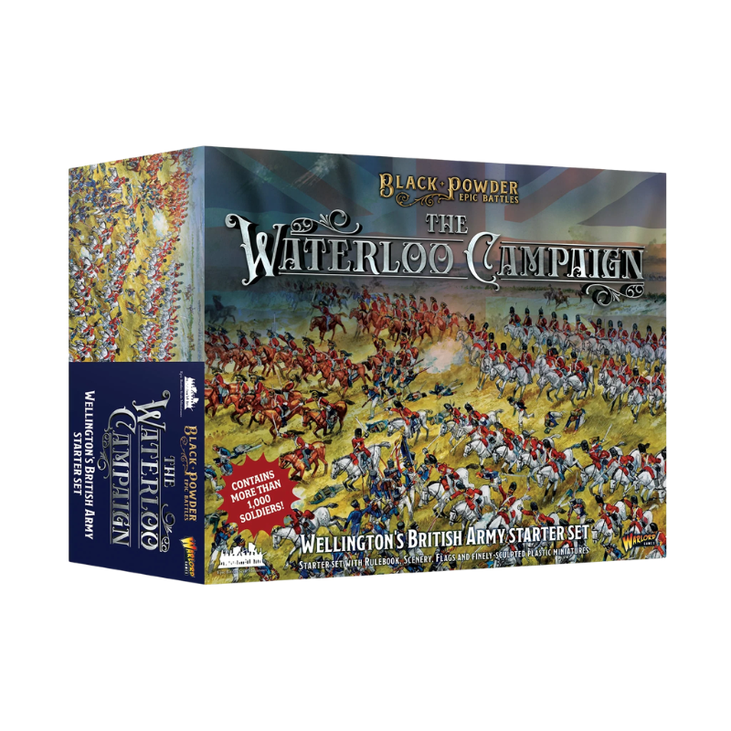 Black Powder Epic Battles Waterloo Wellington's British Army Starter Set - pudełko zestawu pod kątem z ilustracją przedstawiającą szarżę brytyjskiej kawalerii w czerwonych mundurach na francuską piechotę pod dramatycznym niebem - napis The Waterloo Campaign Contains more than 1000 soldiers Wellington's British Army Starter Set - Warlord Games 311511001 - warlordgames.com
