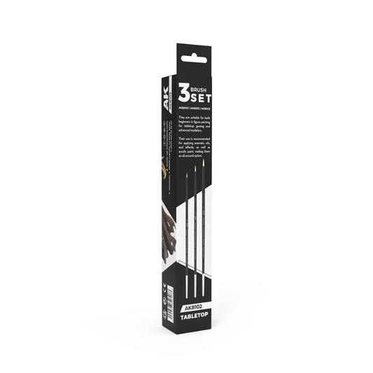 AK Interactive AKB102 Tabletop Brushes Set – opakowanie zestaw 3 pędzli, tył z opisem zawartości