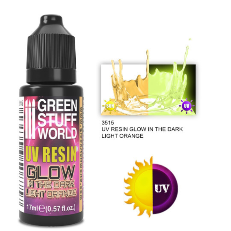 UV Resin Glow in the Dark Light Orange 17ml Green Stuff World – butelka z efektem świecenia w ciemności i porównaniem kolorów w świetle dziennym i UV