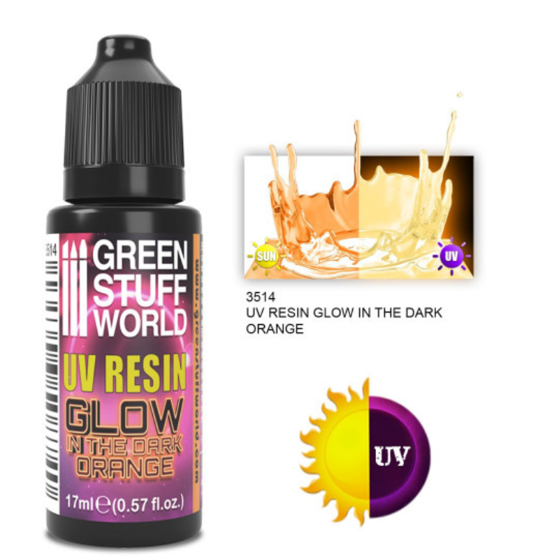 UV Resin Glow in the Dark Orange 17ml Green Stuff World – butelka z efektem świecenia w ciemności i porównaniem kolorów w świetle dziennym i UV
