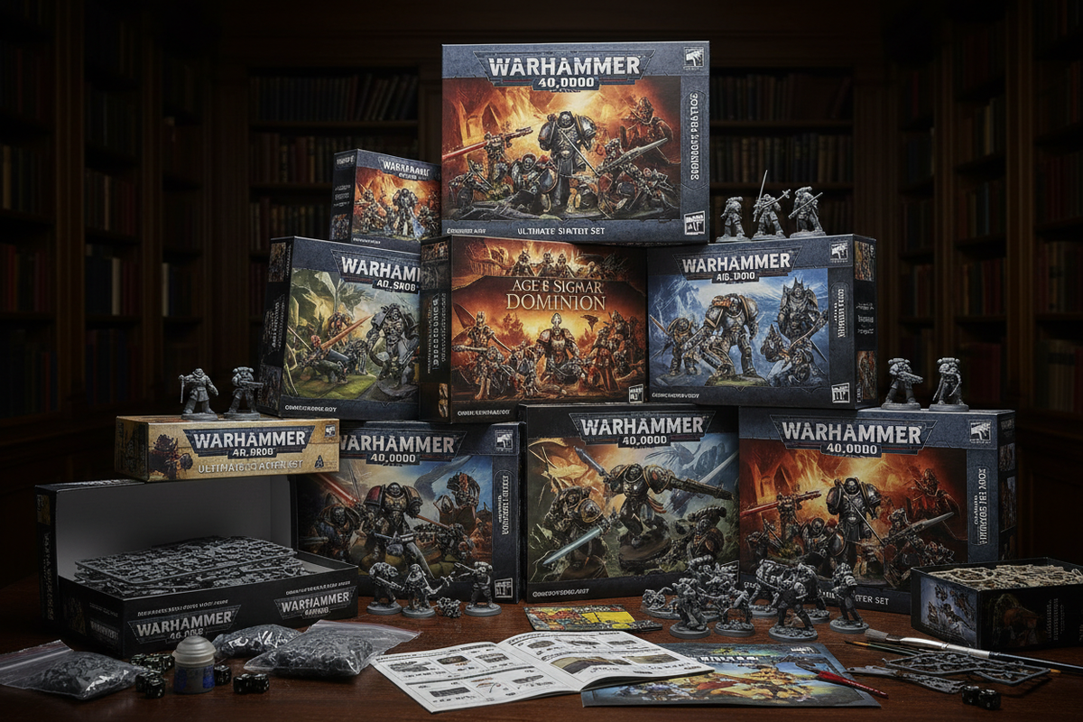 Zestawy startowe Warhammer 40K i Age of Sigmar - pudełka Games Workshop z figurkami, instrukcjami i akcesoriami do gry
