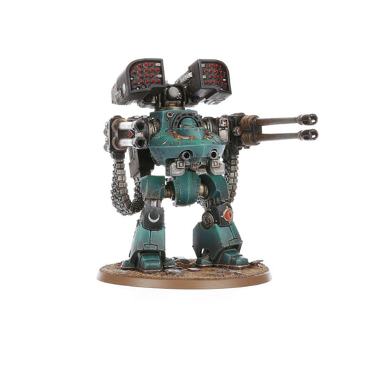 Deredeo Dreadnought Anvilus Configuration - widok z przodu turkusowo-czarny dwa czarne wyrzutniki rakiet Aiolos z czerwonymi głowicami podwójna lufa autocannon battery dwa białe działka torso szare łańcuchowe ramiona symbol półksiężyca na lewym kolanie Horus Heresy Legiones Astartes