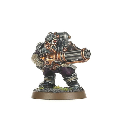 Arkanaut Company - model z aethermatic volley gun - wielolufowym działkiem parowym w czarno-miedzianej zbroi - Warhammer Age of Sigmar