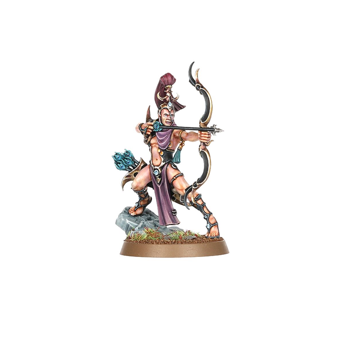 Blissbarb Archer - model Slaanesh z łukiem i kołczanem w złoto-czarnej zbroi z fioletową szatą, klęczący na kamieniu - Warhammer Age of Sigmar