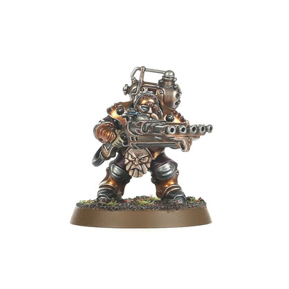 Grundstok Thunderer z decksweeper - krasnoludzki strzelec z pięciolufowym działkiem decksweeper i plecakowym zbiornikiem pary, hełm z maską gazową i gogle - Warhammer Age of Sigmar