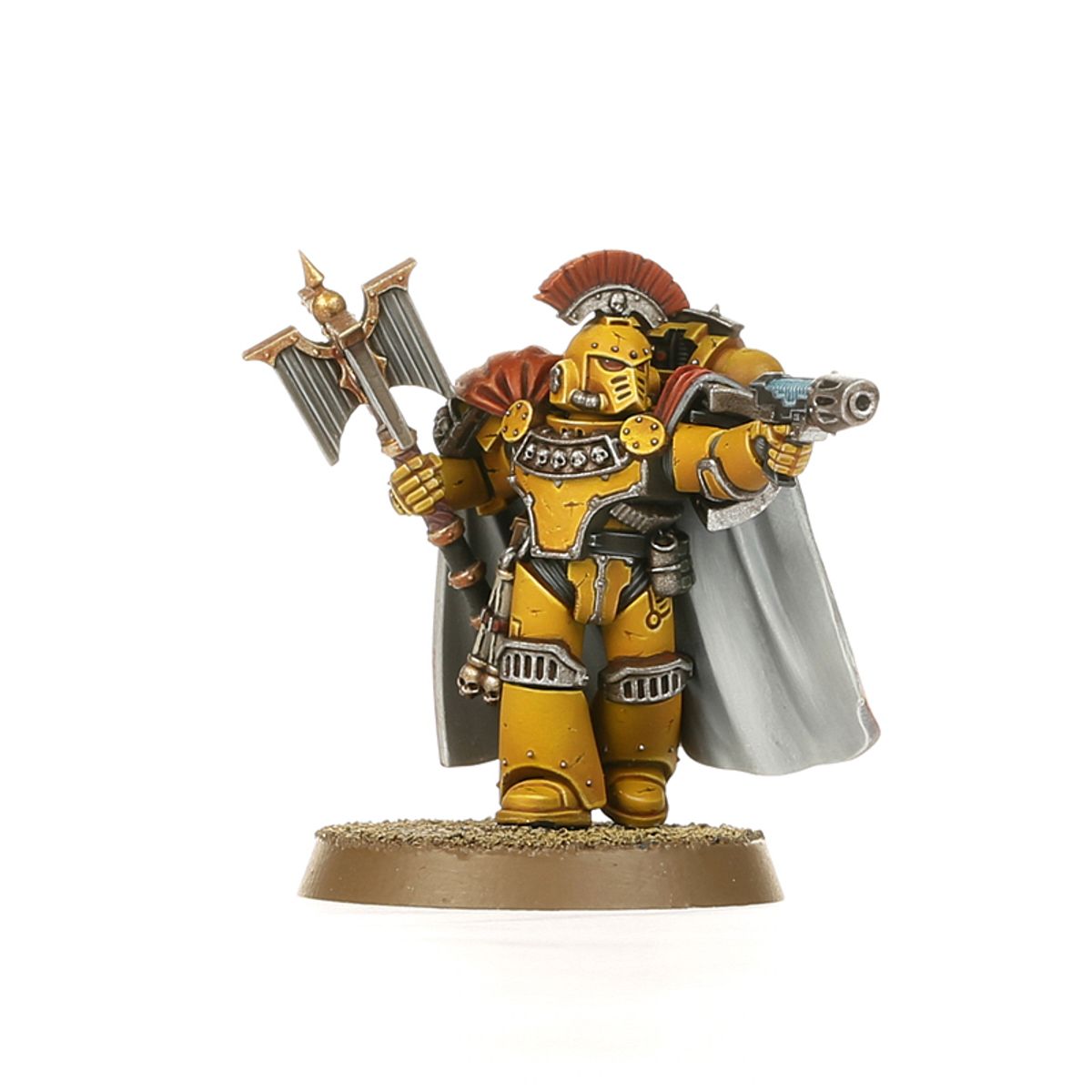 Legiones Astartes Praetor Cataphractii - żółta zbroja terminator czerwony pióropusz złota siekiera z orłem w lewej ręce combi-melta w prawej szary płaszcz piaskowa podstawka Horus Heresy