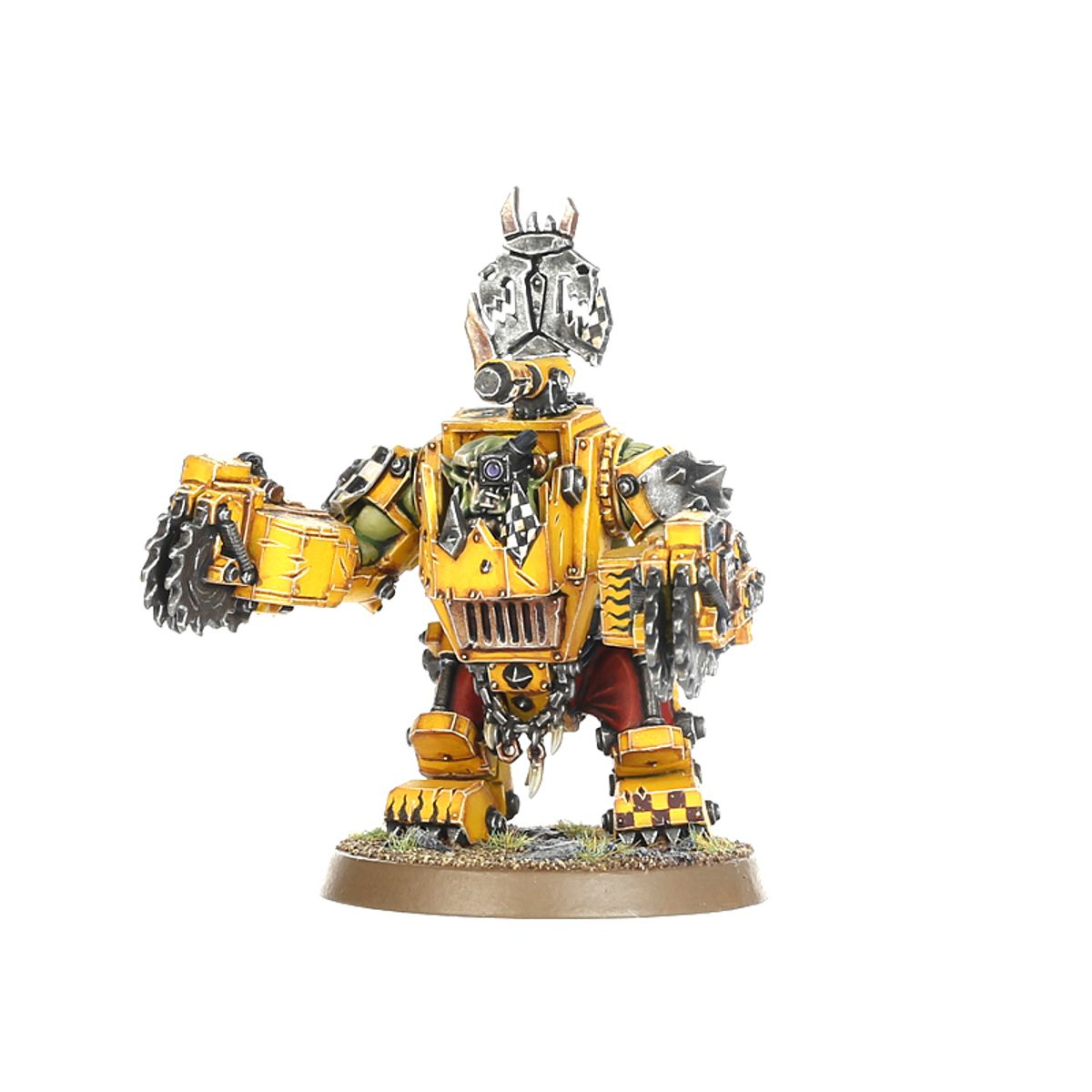  Big Mek in Mega Armour Orks - żółta mega armour kustom forcefield turkusowe kule power klaw czaszka przy nodze brązowa podstawka Warhammer 40000