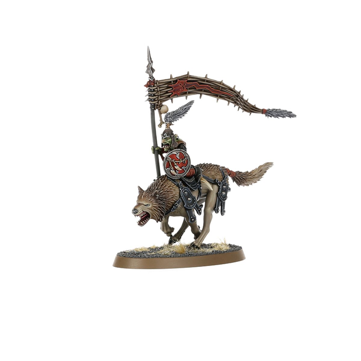 Snarlfang Rider Gitflag Waver - model grota na wilku z wielką kolczastą chorągwią i czerwoną tarczą z czaszką - Warhammer Age of Sigmar