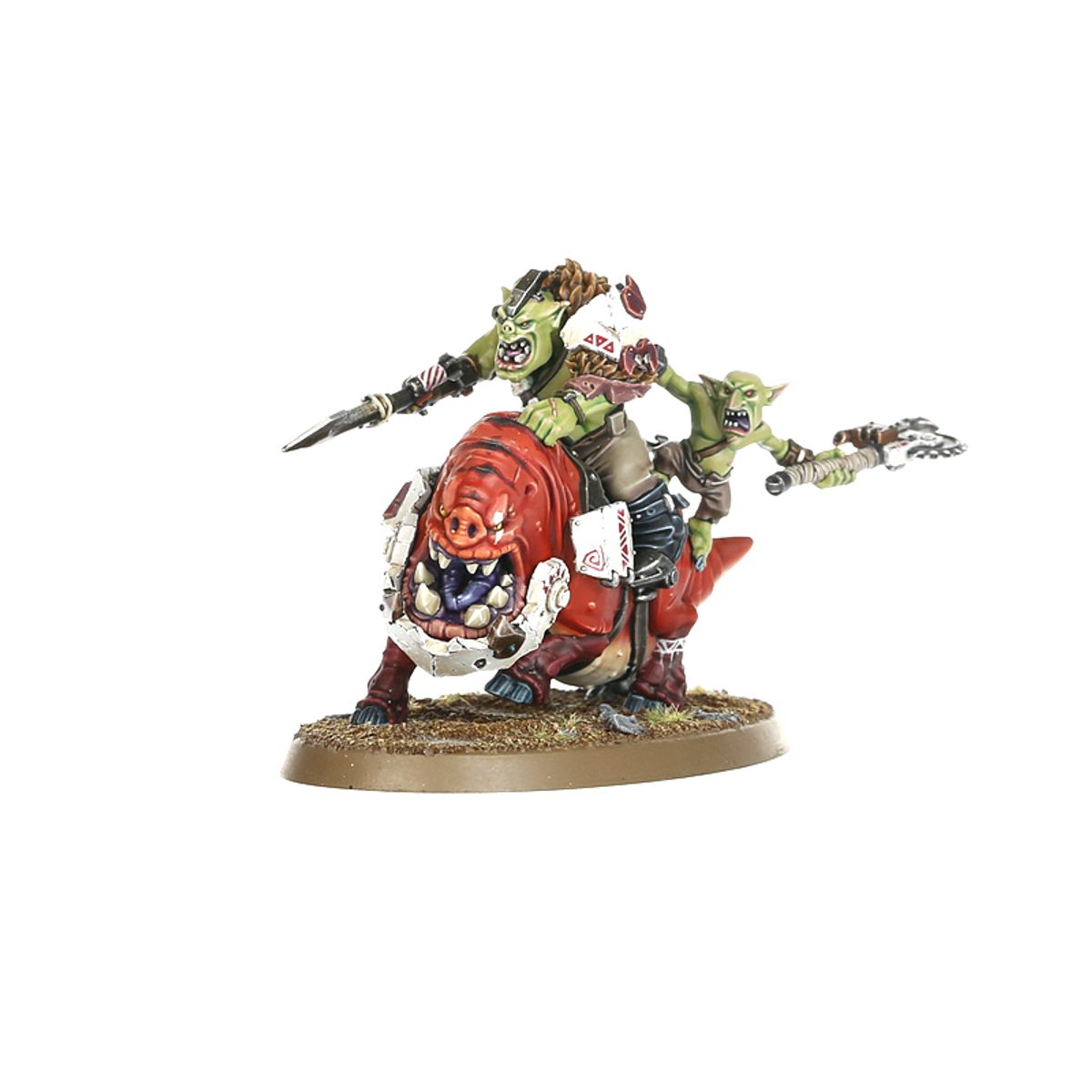 Squighog Boy z saddlegitem Orks - dwóch jeźdźców czerwony squig biały pancerz nóż i klucz Warhammer 40000