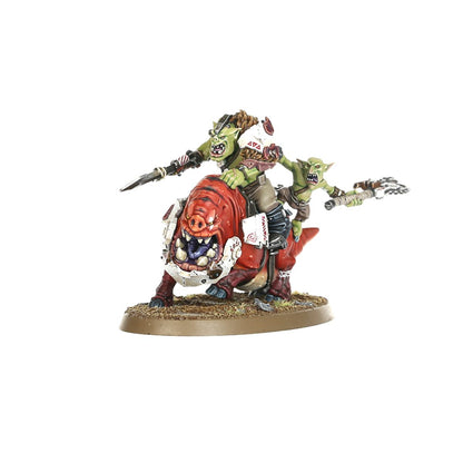 Squighog Boy z saddlegitem Orks - dwóch jeźdźców czerwony squig biały pancerz nóż i klucz Warhammer 40000