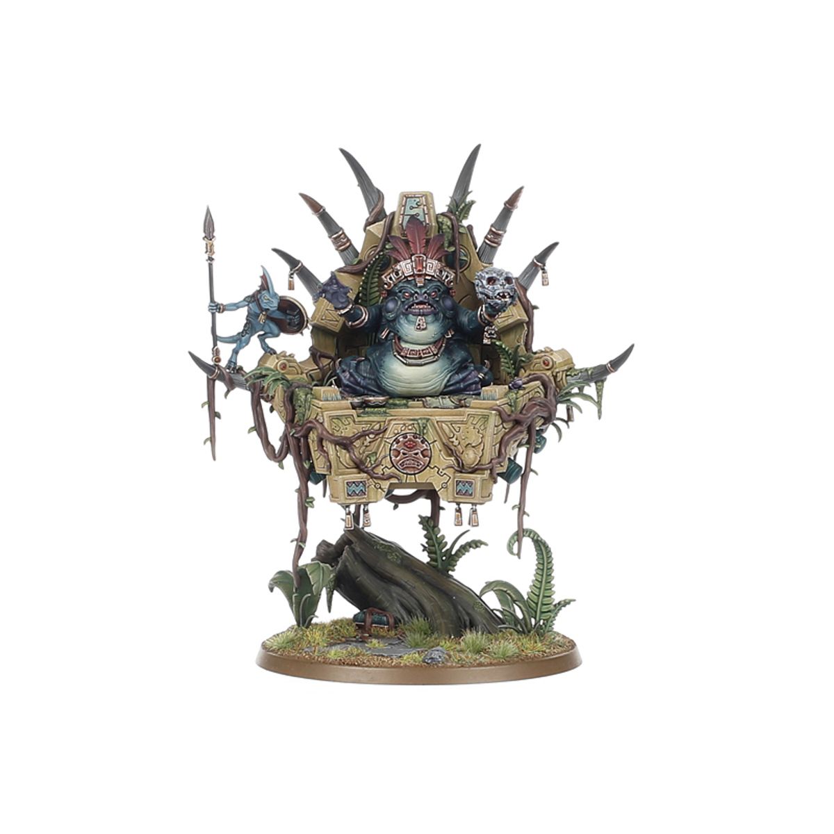 Slann Starmaster wariant 2 frontowy - ciemnozielona żaba-mag z otwartą paszczą i miedzianym pióropuszem na beżowej palankinie z azteckim symbolem, niebieski Skink ze włócznią po lewej, czarny pień na podstawce - Warhammer Age of Sigmar