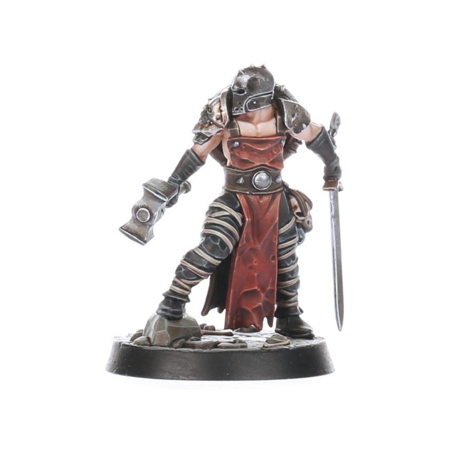 Dendrel Direbrand – potężna postać w czarnej zbroi z młotem i mieczem czerwona spódnica rogi na hełmie Brand's Oathbound Darkoath Age of Sigmar
