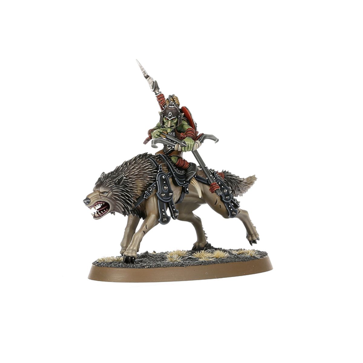 Snarlfang Rider Gitboss - model grota na wilku z krzywą szablą i czerwoną tarczą, czarny hełm z rogami - Warhammer Age of Sigmar