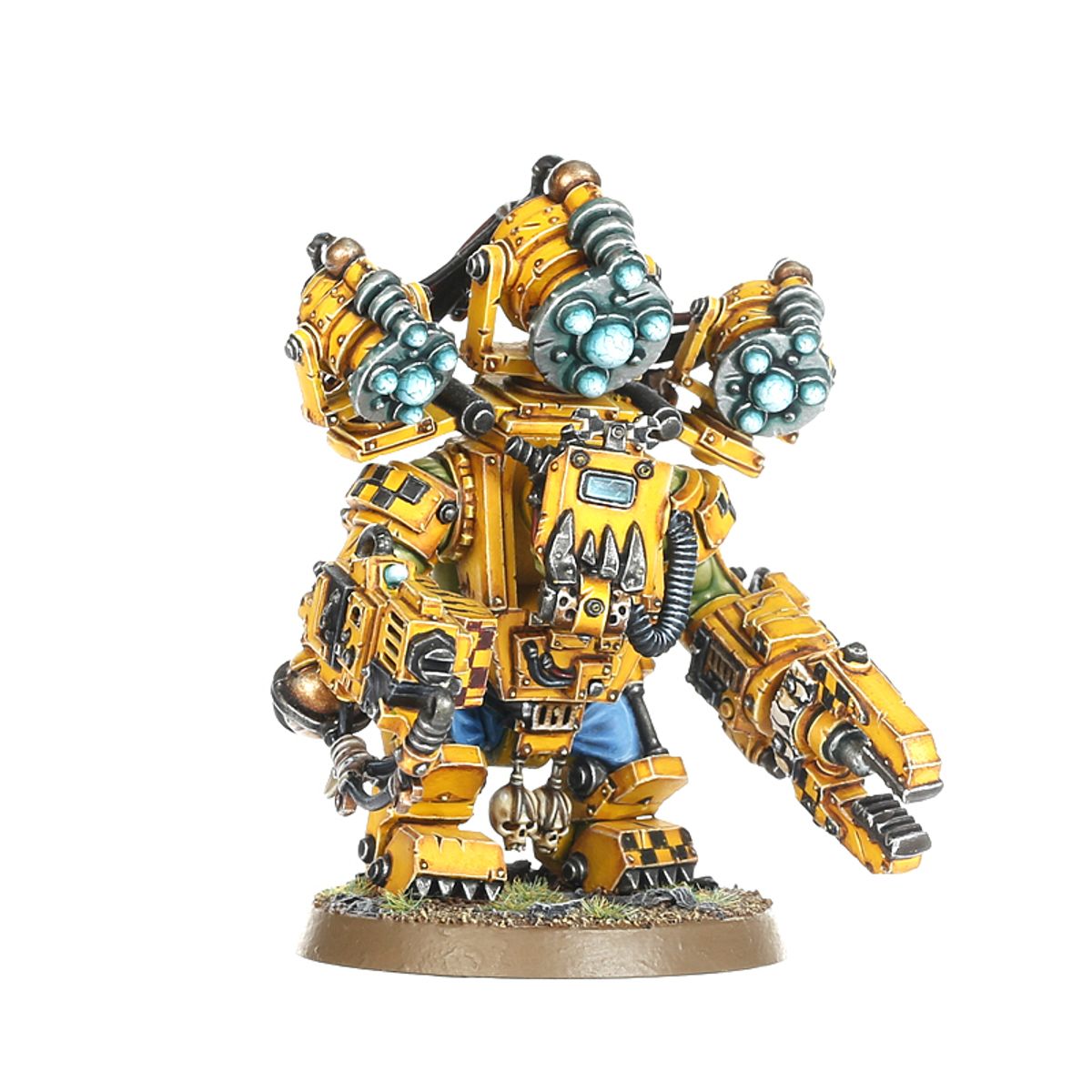 Meganobz Orks - widok grupowy 3 Meganobz żółta mega armour i Grot Oiler mały zielony grot brązowe podstawki Warhammer 40000