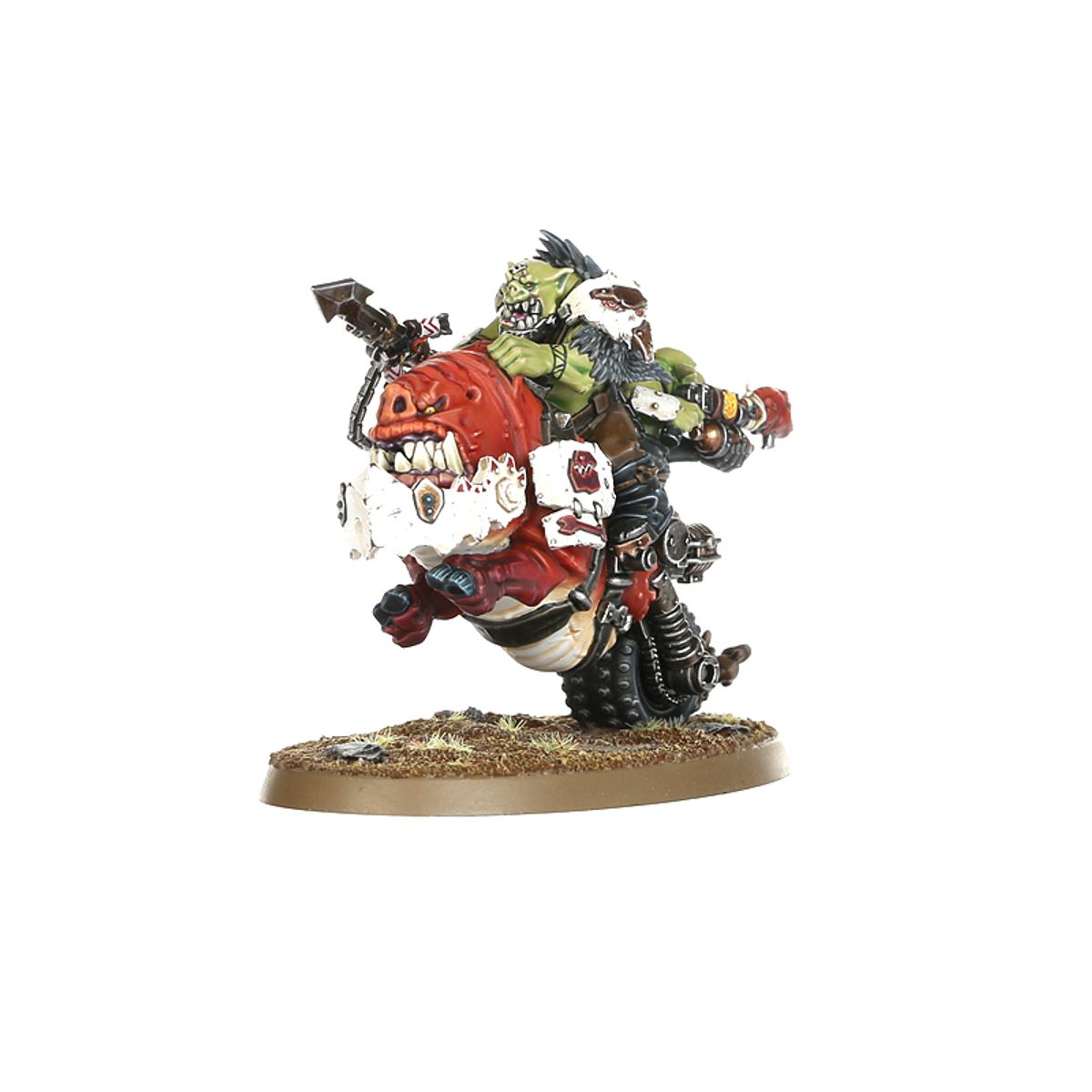 Squighog Boy Orks - jeździec na czerwonym squigu czarne koło mechaniczne slugga i łańcuch Warhammer 40000
