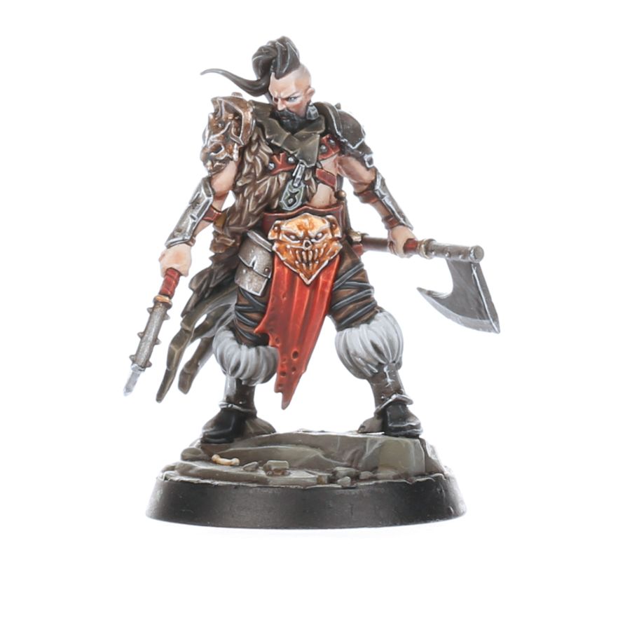 Gunnar Brand – wojownik z toporem czaszka na hełmie ciemna zbroja z detalami Brand's Oathbound Darkoath Age of Sigmar
