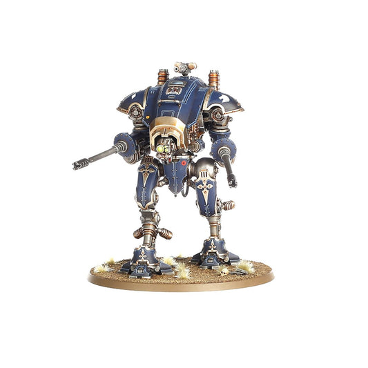 Armiger Helverin Imperial Knights - 4 kadry zbliżenie głowy z brązową maską z zielonymi oczami i żółto-czarnymi paskami zbliżenie brązowego koła zębatego z czaszką widok z góry granatowego Armigerа z autocannon i złotym orłem zbliżenie autocannon z brązową lufą i złotymi czaszkami Warhammer 40000