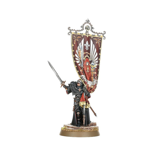 Aestred Thurga Reliquant at Arms - czarna zbroja miecz uniesiony w prawej ręce czerwono-bordowy sztandar Auto-Tapestry z fleur-de-lis i skrzydłami srebrna czaszka na szczycie brązowa podstawka Warhammer 40K