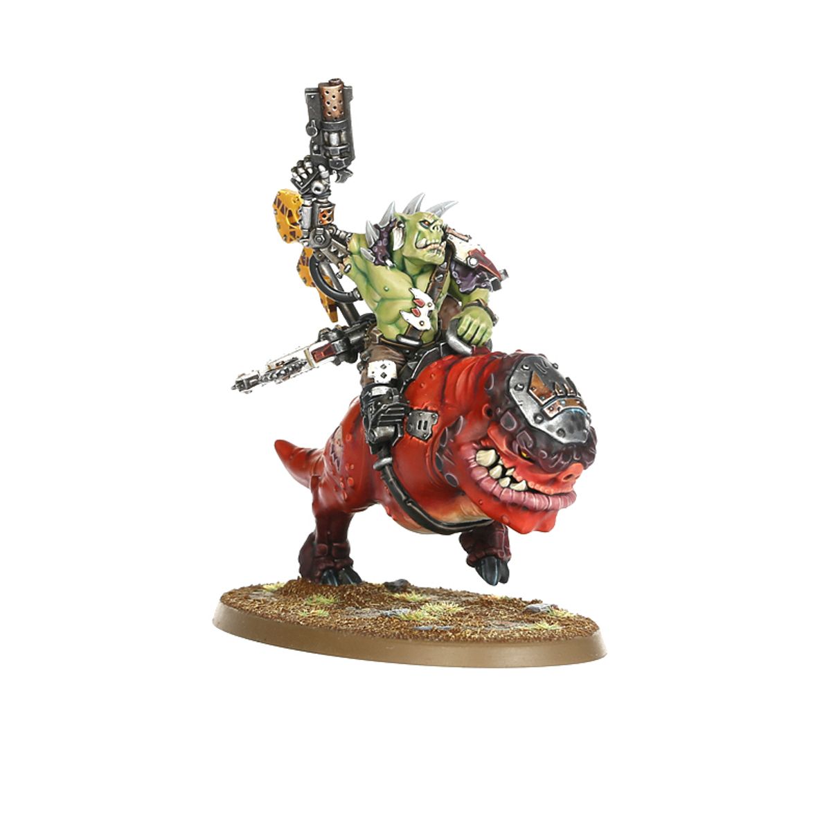 Nob on Smasha Squig Orks - widok z lewej zielona skóra szare rogi na hełmie slugga uniesiona żółty bak czarna podstawka Warhammer 40000
