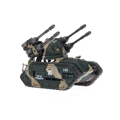 Hydra - widok z tyłu zielono-piaskowy kamuflaż quad autocannon array platforma strzelecka napis 144 i symbol czaszki z kolumnadą na boku brązowe gąsienice Astra Militarum Warhammer 40K