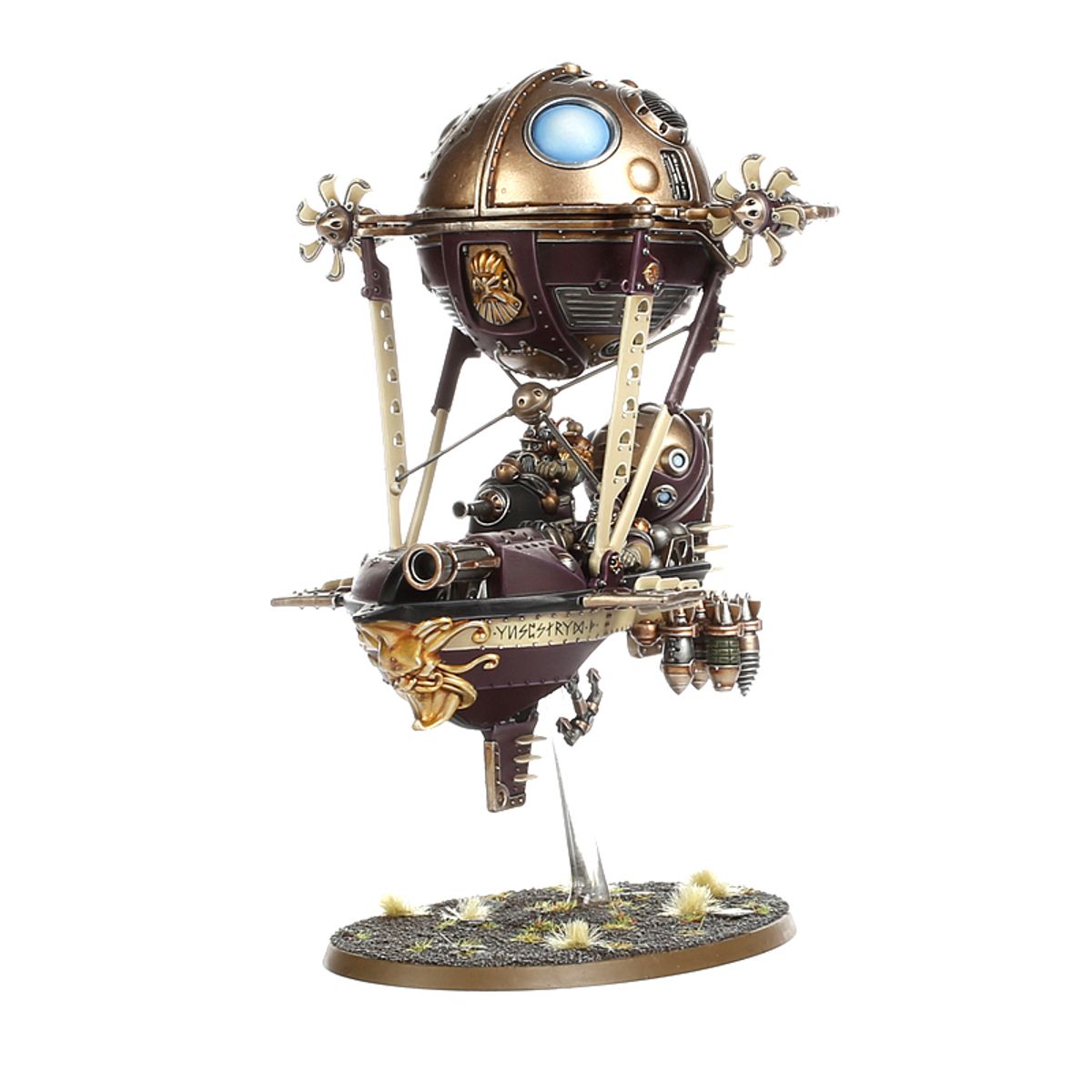 Grundstok Gunhauler Kharadron Overlords - widok z lewej fioletowo-miedziana gondola buoyancy endrin śmigła runy na burcie pilot i strzelec sky cannon kotwica owalna podstawka Age of Sigmar