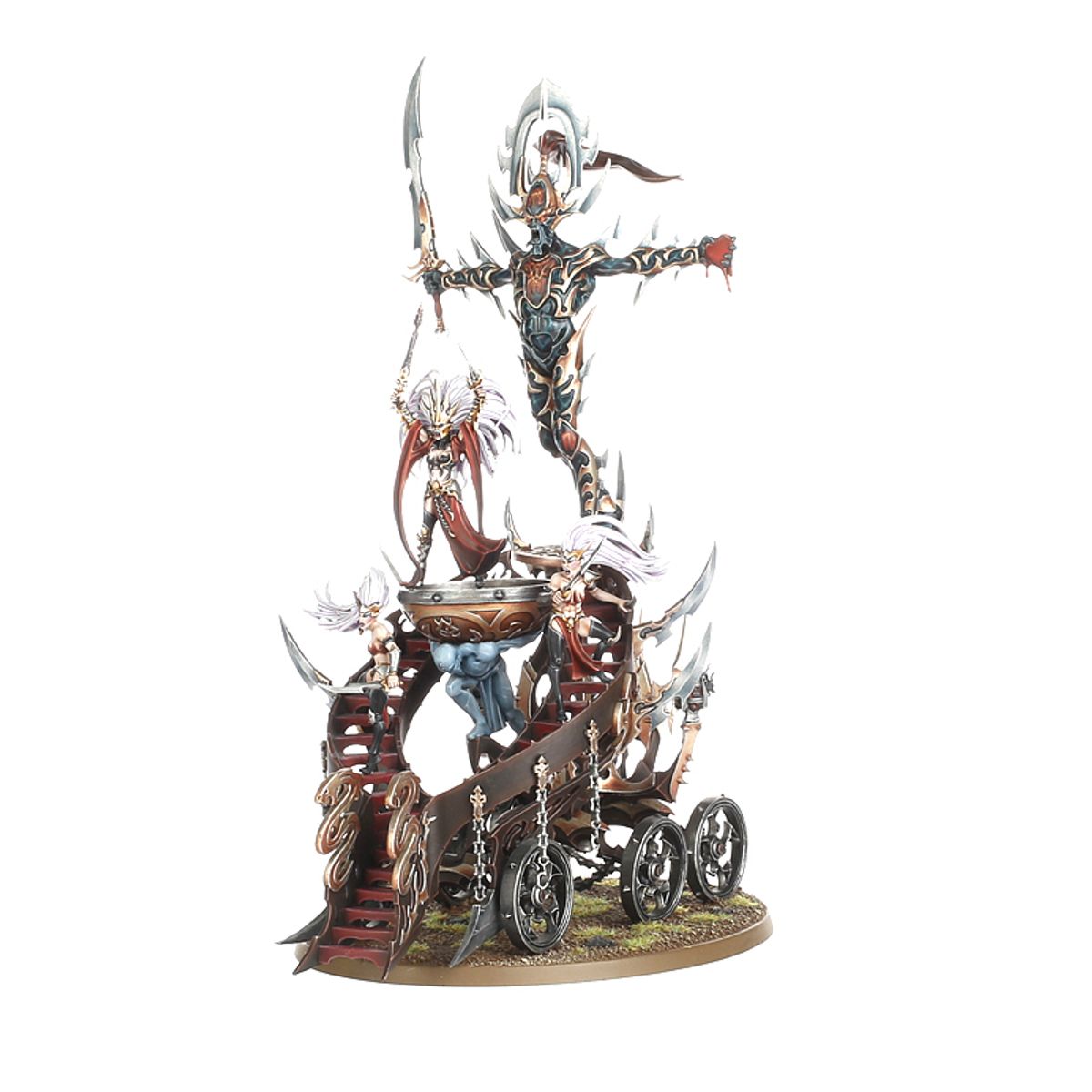Cauldron of Blood Daughters of Khaine - wariant Slaughter Queen sześciokołowy rydwan schody 2 Witch Aelves kocioł Slaughter Queen z włócznią ikona Khaine'a Age of Sigmar