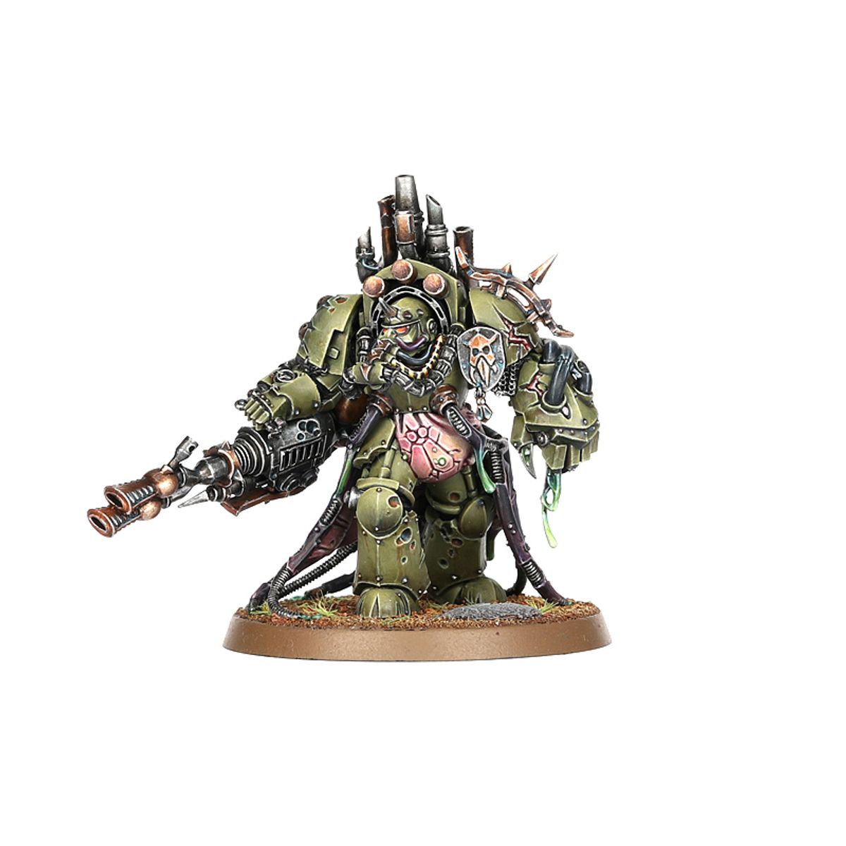 Lord of Virulence Death Guard - widok z lewej oliwkowa zbroja terminator twin plague spewer w lewej ręce power fist w prawej rury na plecach różowy brzuch z symbolem Nurgla brązowa podstawka Warhammer 40K