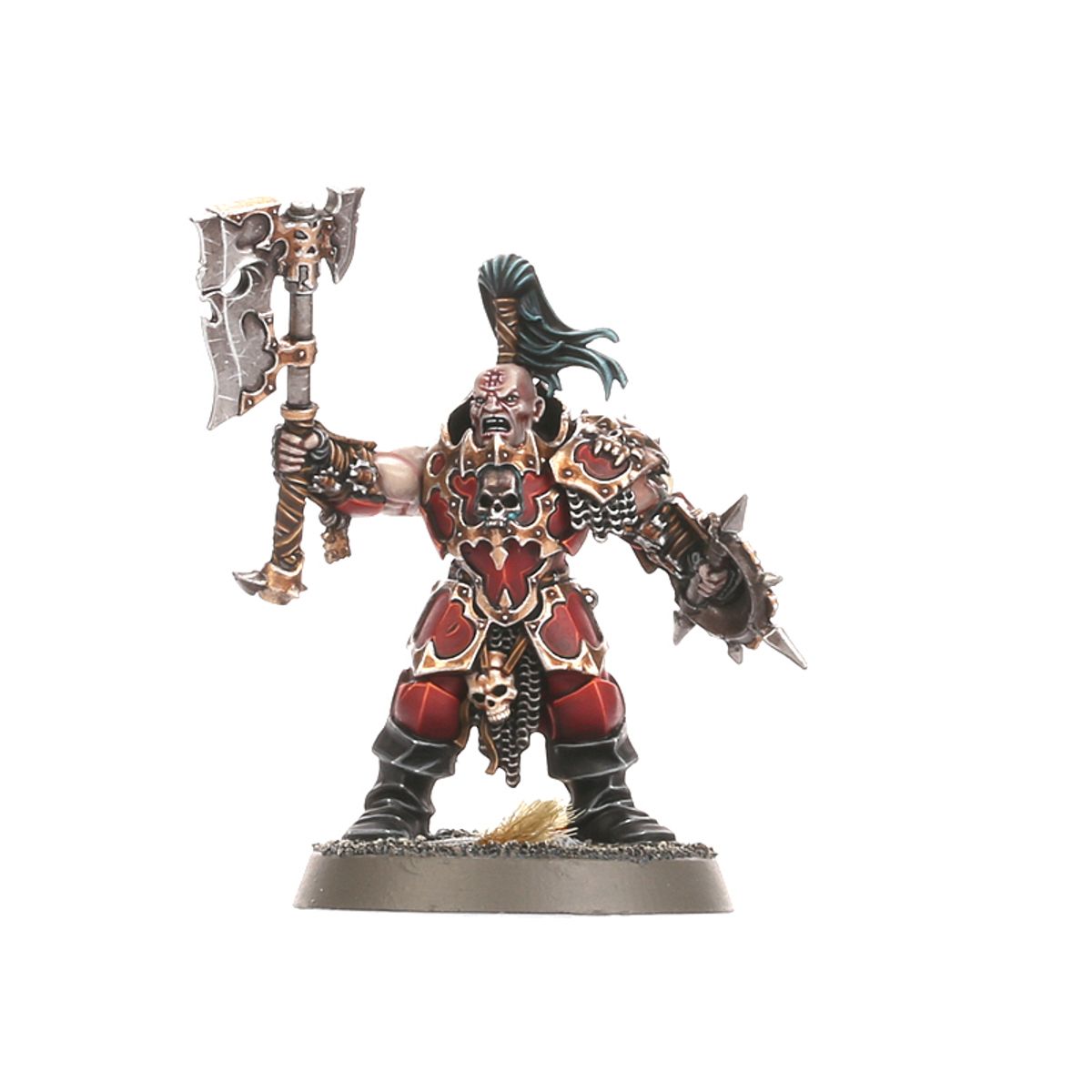 Blood Warriors Chaos Champion - model w czerwonej zbroi z zielonymi włosami unoszący wielki topór Goreaxe z czaszkami, kolczasta rękawica w drugiej dłoni - Warhammer Age of Sigmar