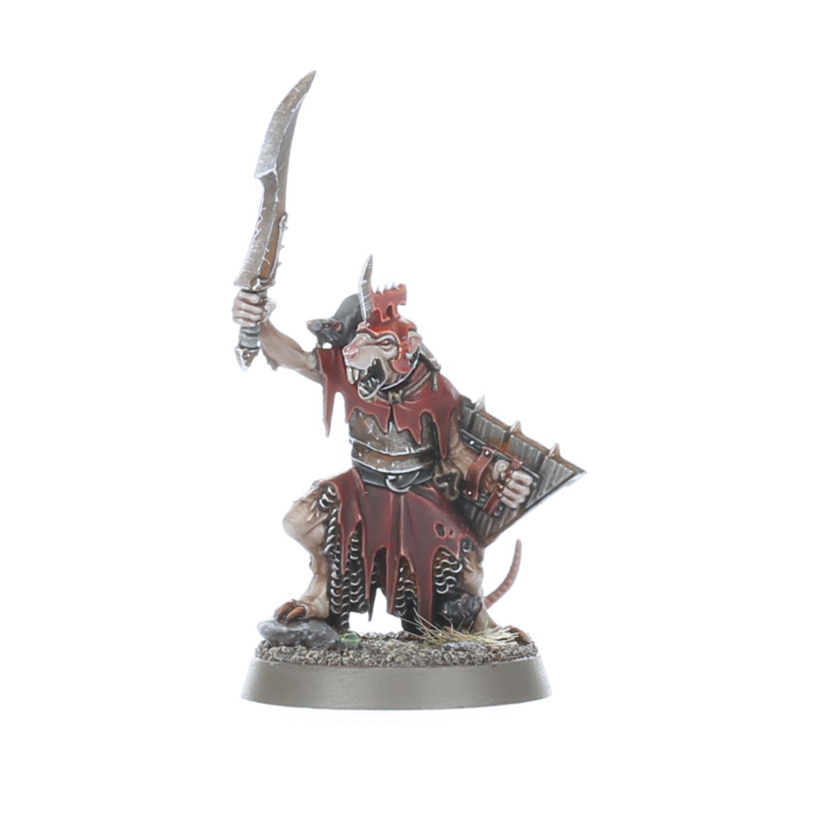 Clanrat Champion Verminus - szczur w czerwonej szacie z otwartą paszczą unoszący zakrzywiony miecz, brązowa tarcza z kolcami przy boku - Warhammer Age of Sigmar