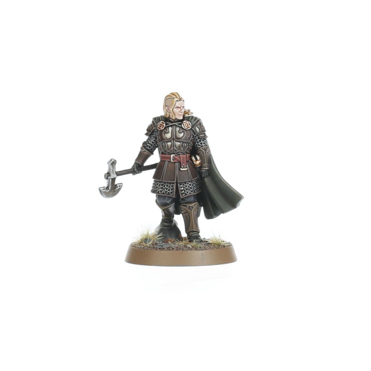 Haleth pieszy – figurka z toporem, w ciemnej zbroi z czarnym płaszczem, skala 28mm
