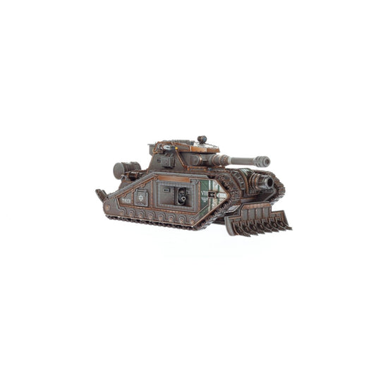 Solar Auxilia Malcador Heavy Tank - widok z tyłu zamknięta wieżyczka szaro-brązowy kadłub z gąsienicami napis DXCII i symbol Solar Auxilia sponson z autocannon i dozer blade Horus Heresy