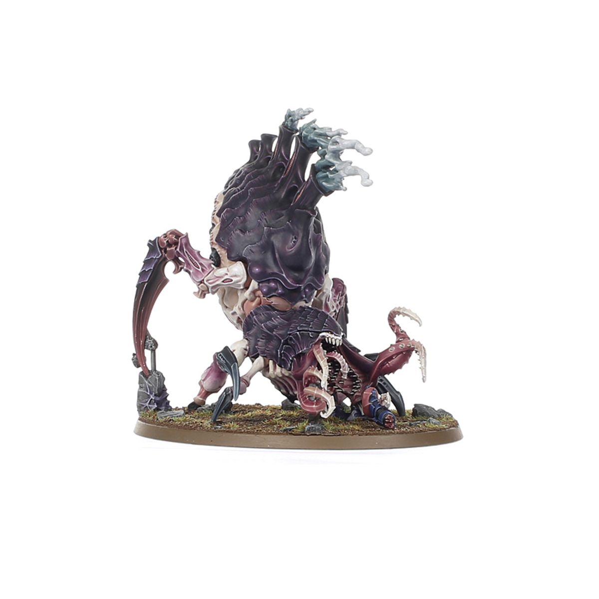 Psychophage Tyranids - widok z lewej fioletowo-różowe ciało 6 szponiastych kończyn wieloszczękowa paszcza z mackami turkusowe spory na grzbietowych kominach zielona podstawka owalna Warhammer 40K
