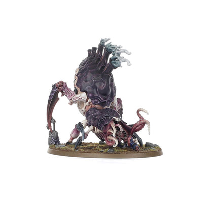 Psychophage Tyranids - widok z lewej fioletowo-różowe ciało 6 szponiastych kończyn wieloszczękowa paszcza z mackami turkusowe spory na grzbietowych kominach zielona podstawka owalna Warhammer 40K