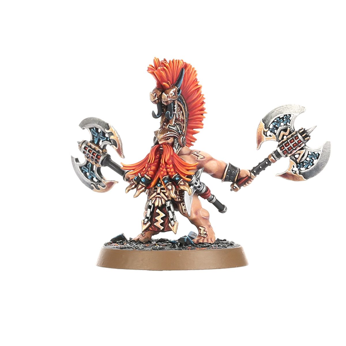 Vulkite Berzerker Karl - dowódca Fyreslayers z pomarańczową grzywą i hełmem z czaszką byka, trzyma dwie masywne siekiery fyresteel z niebiesko-złotymi runami, dynamiczna poza rozkroku - Warhammer Age of Sigmar