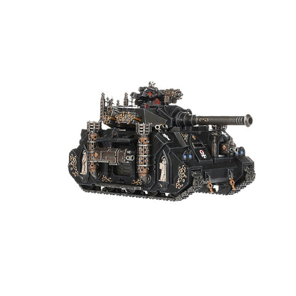 Castigator - widok z boku czarny kadłub Castigator battle cannon złote arabesk i fleur-de-lys brązowe kolumny z otworami wentylacyjnymi turkusowe klejnoty i złoty klucz wiszący z tyłu Adepta Sororitas Warhammer 40K