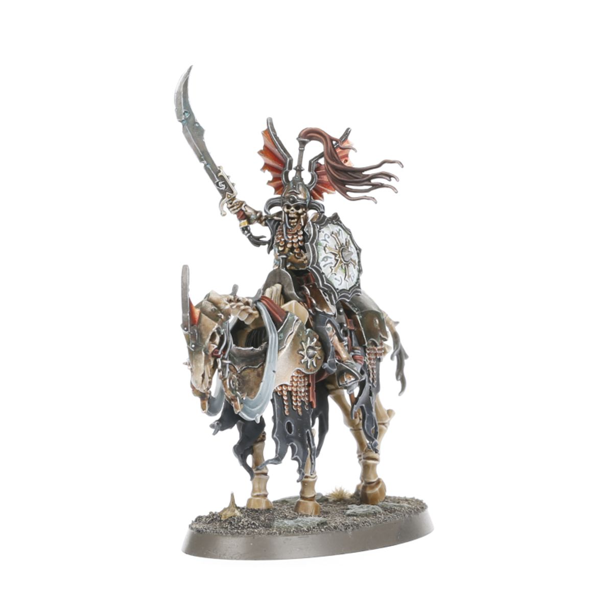 Barrow Knight champion - model szkieletowego jeźdźca z zakrzywionym mieczem i hełmem ze skrzydłami nietoperza - Warhammer Age of Sigmar