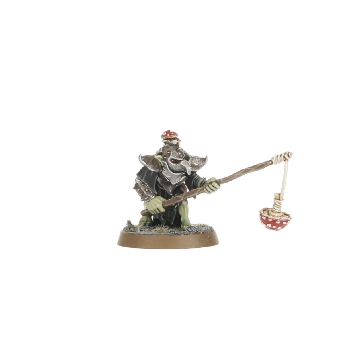 Squig Herder - model gobliniego poganiacz z wędką zakończoną czerwonym grzybem w czarnym płaszczu - Warhammer Age of Sigmar