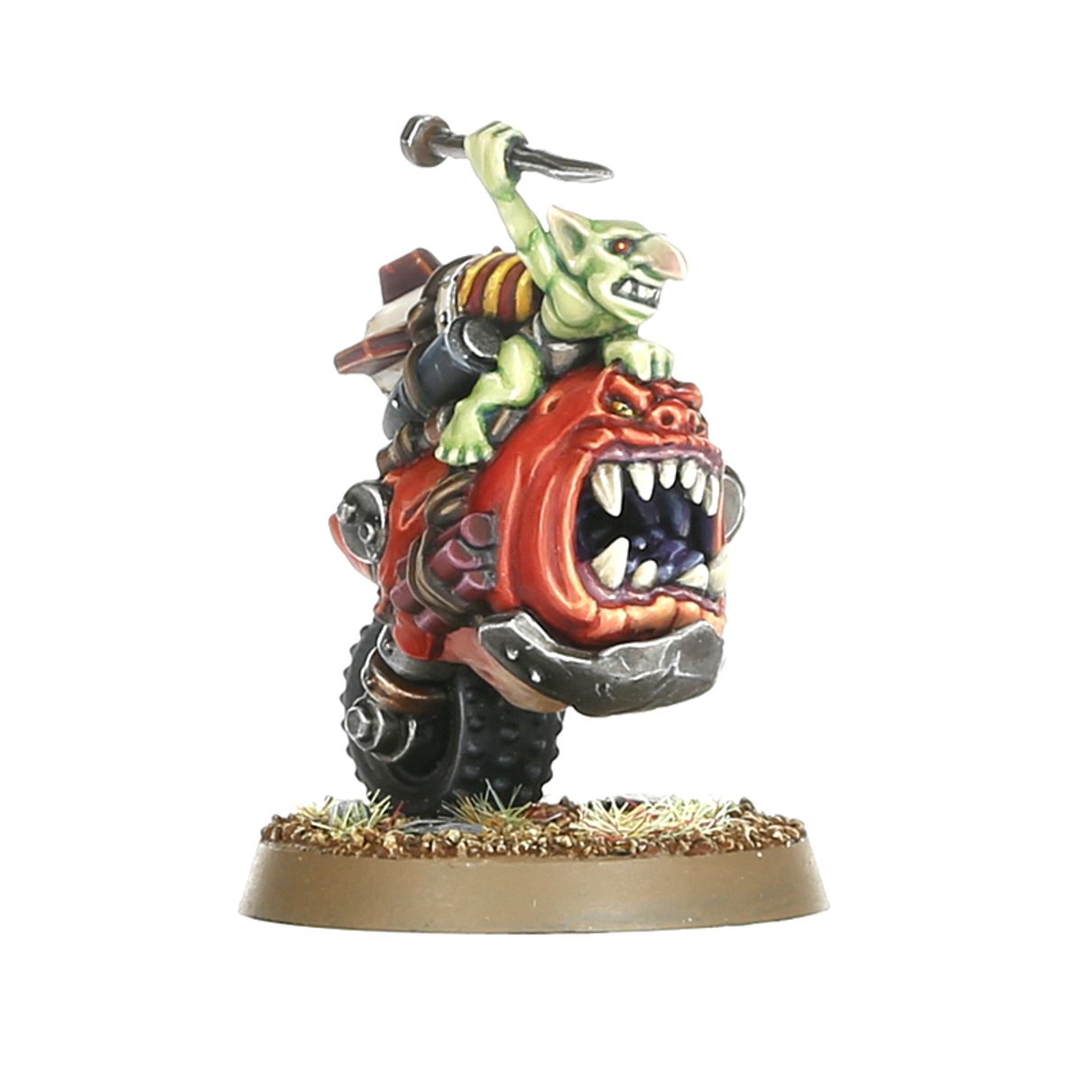 Bomb Squig Orks - zielony saddlegit na czerwonym squigu z otwartym pyskiem czarne koło mechaniczne brązowa podstawka Warhammer 40000