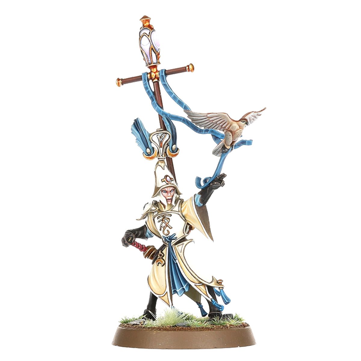 Vanari Auralan Sentinel High Sentinel - model z Scryhawk Lantern i sokołem na niebieskim sztandarze - Warhammer Age of Sigmar
